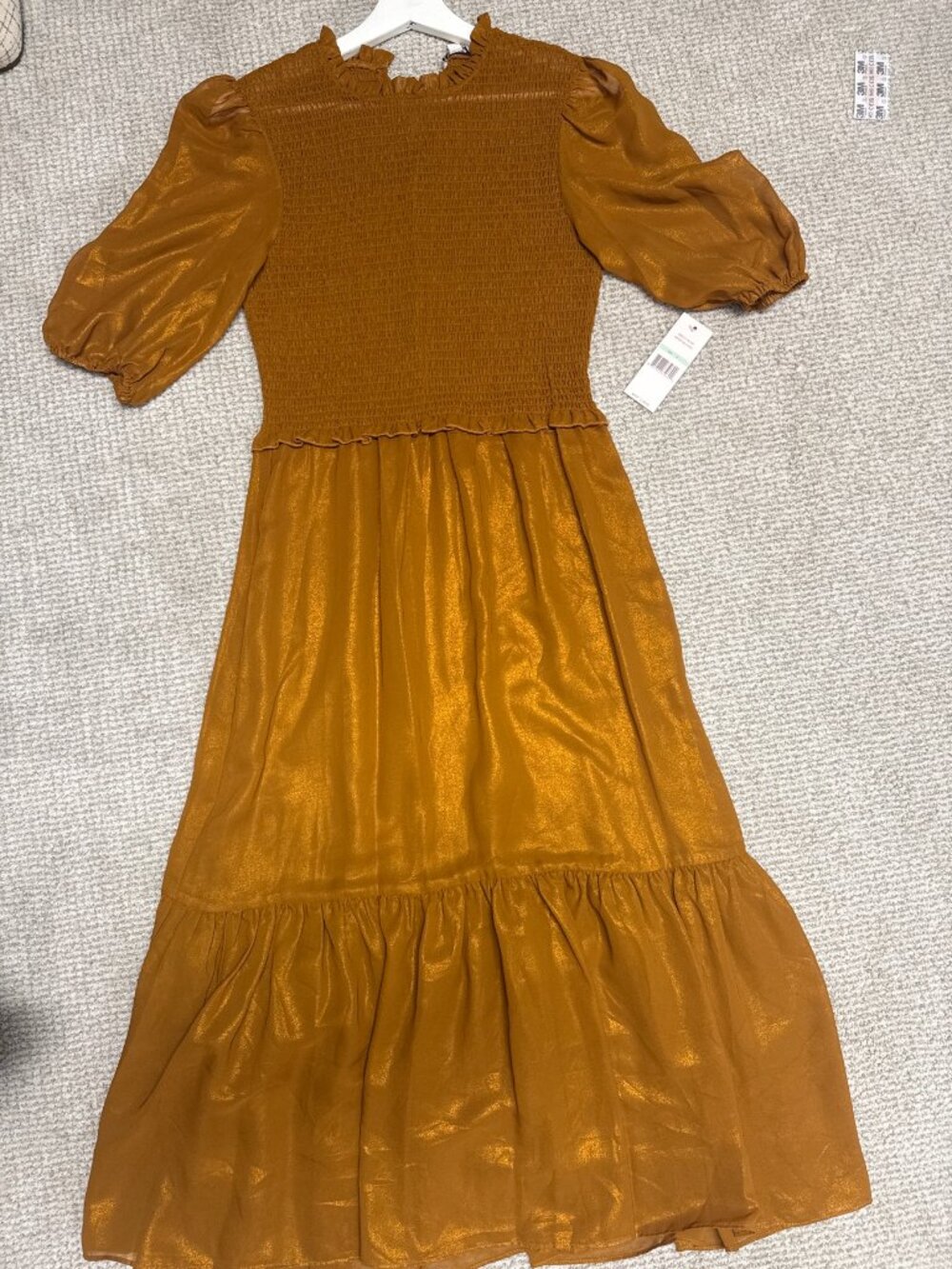 NWT Nanette Lepore Mustard Smocked Midi Dress — Puff Sleeves, Ruffle Hem, Size 8